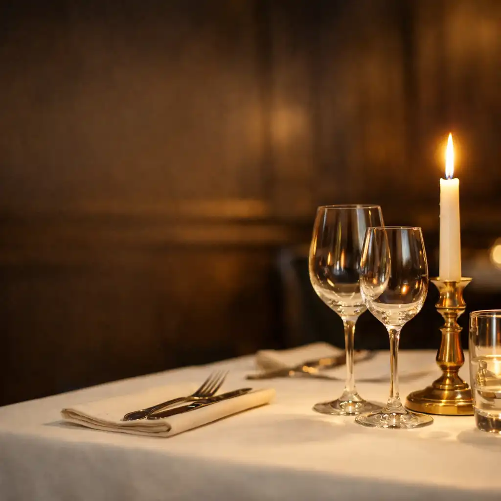 Prostřený stůl s bílým ubrusem, svíčkou a sklenicemi na víno v restauraci Wonderstar