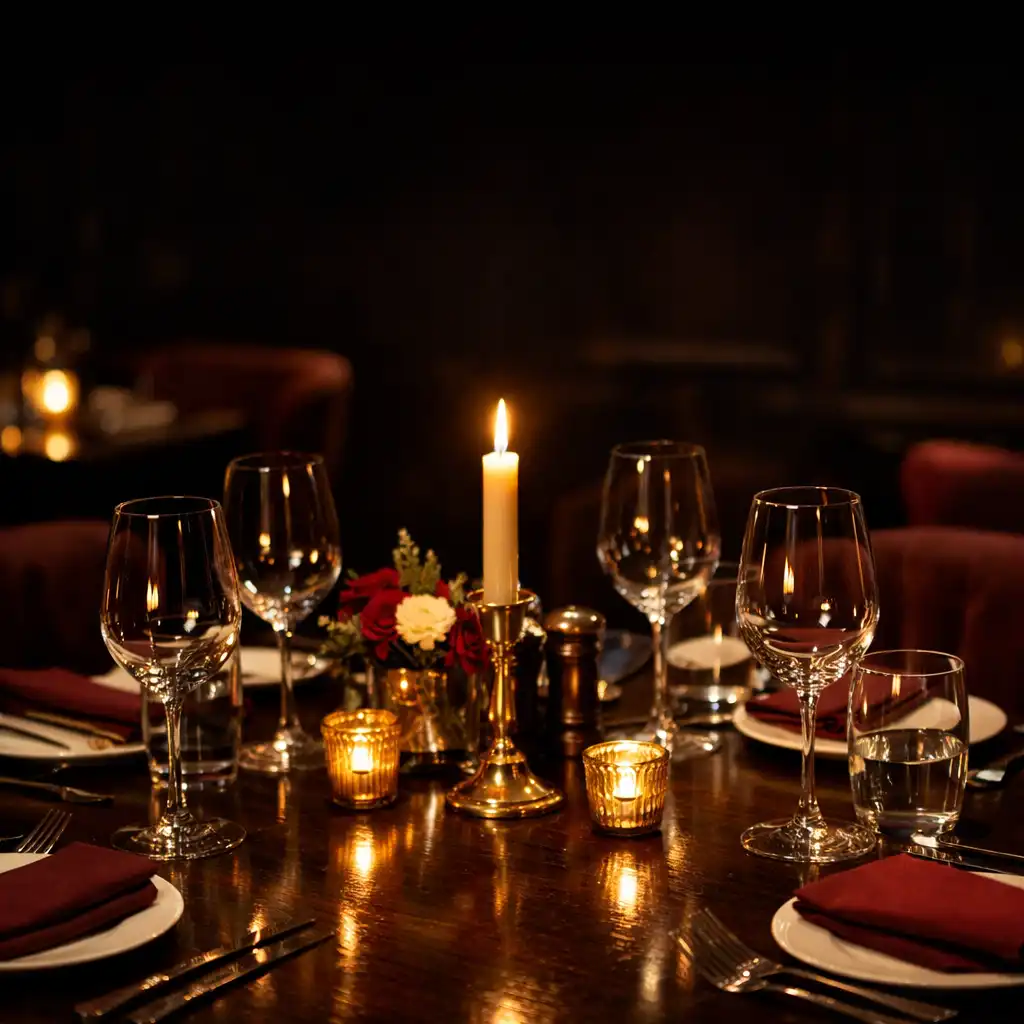 Tmavý dřevěný stůl osvětlený svíčkami v luxusní restauraci Wonderstar