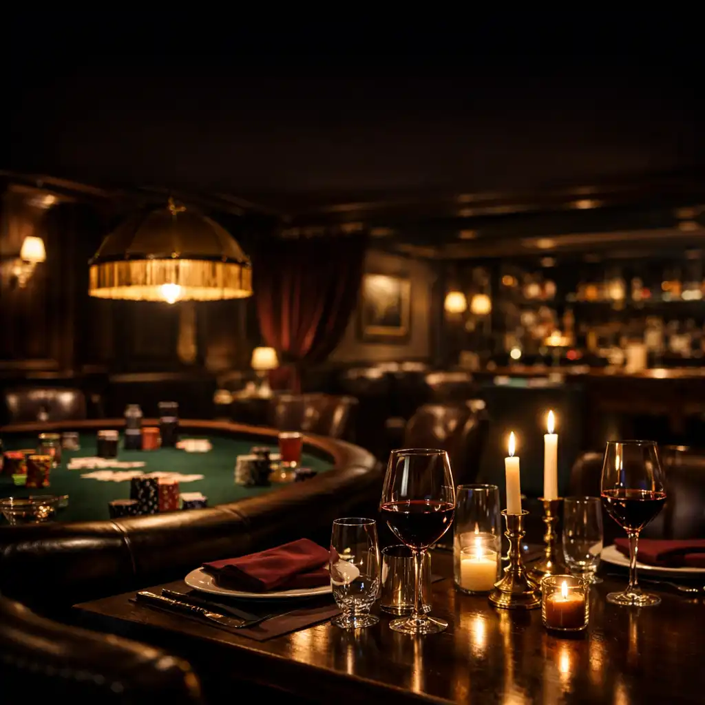 Tmavá luxusní restaurace s propojeným pokerovým salonkem, elegantně prostřený stůl se svíčkami a v pozadí pokerový stůl s žetony