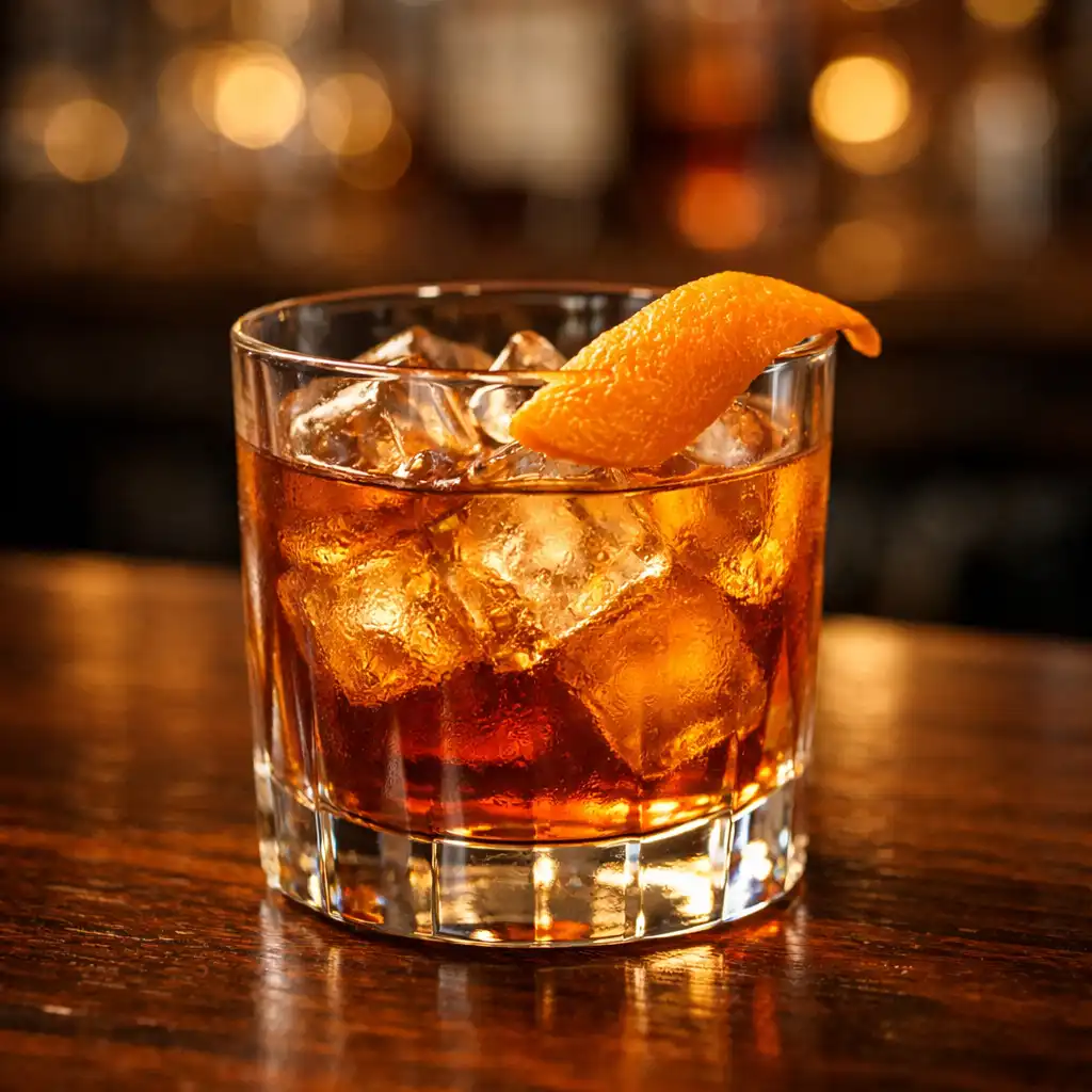 Koktejl ve sklenici old fashioned na barovém pultu z tmavého dřeva