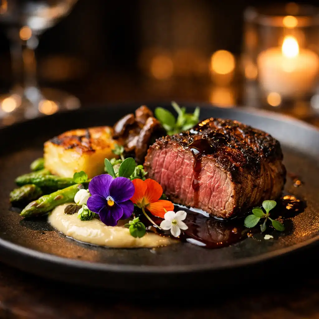 Elegantně naservírovaný hlavní chod v luxusní restauraci