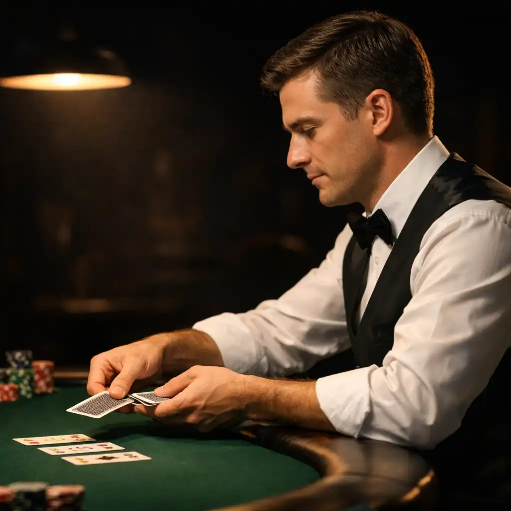 Profesionální dealer rozdává karty u pokerového stolu