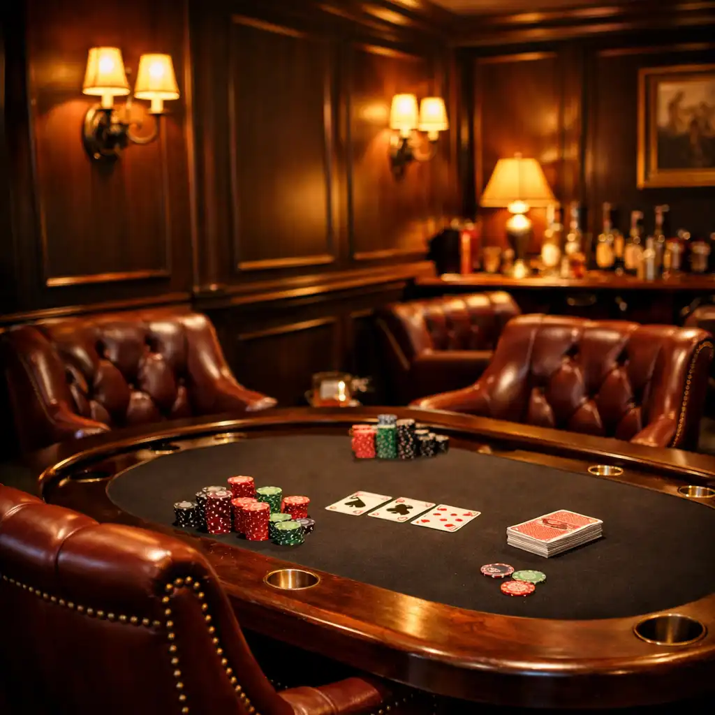Teplý interiér soukromého pokerového salonku s koženými křesly a tmavým dřevem