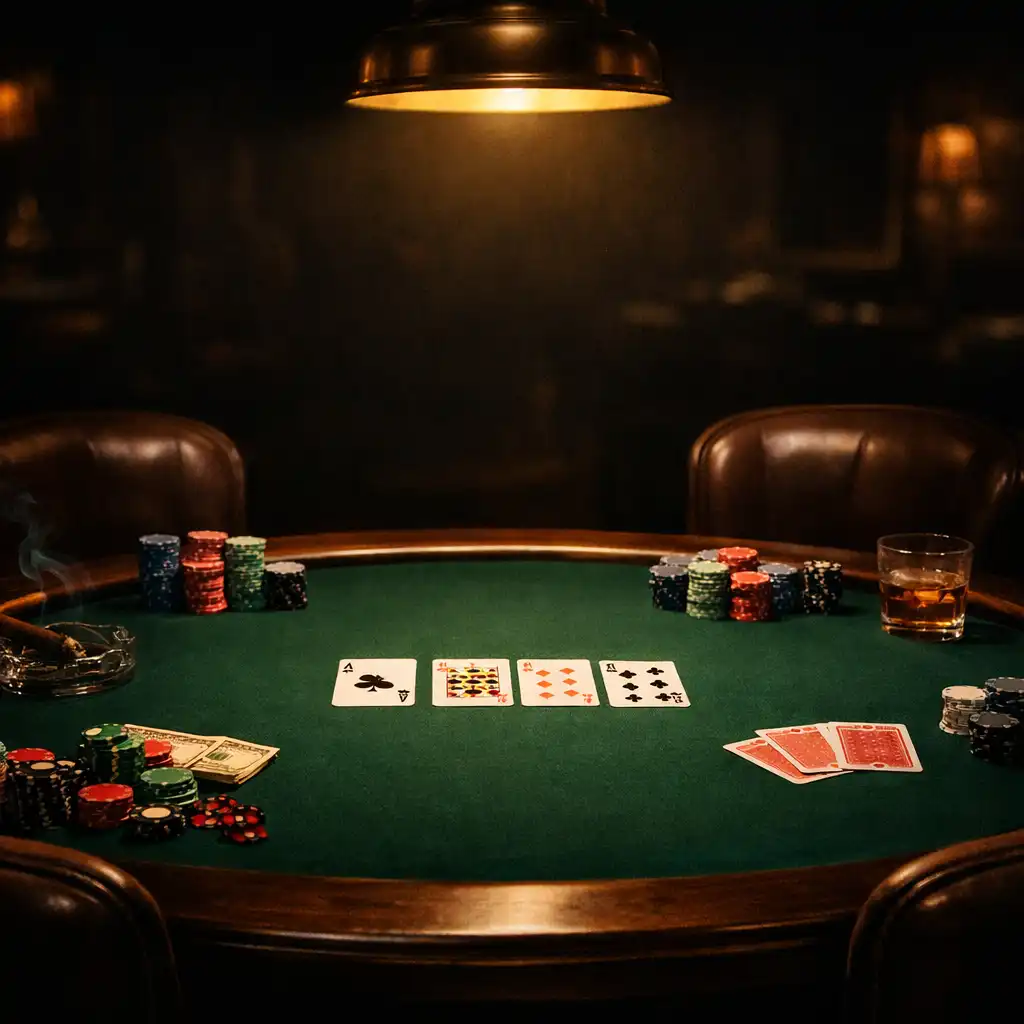 Moody pokerový stůl v luxusním tmavém salonku