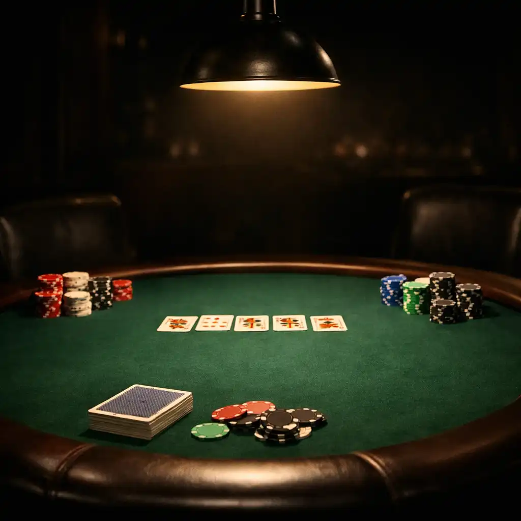 Soukromý pokerový stůl se zeleným plátnem, profesionálními žetony a balíčkem karet pod teplým světlem lampy