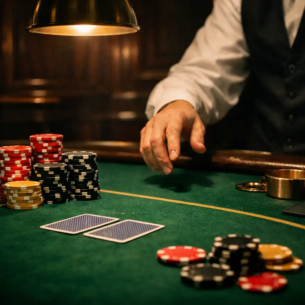 Detail pokerového stolu se žetony a kartami v intimně osvětleném salonku