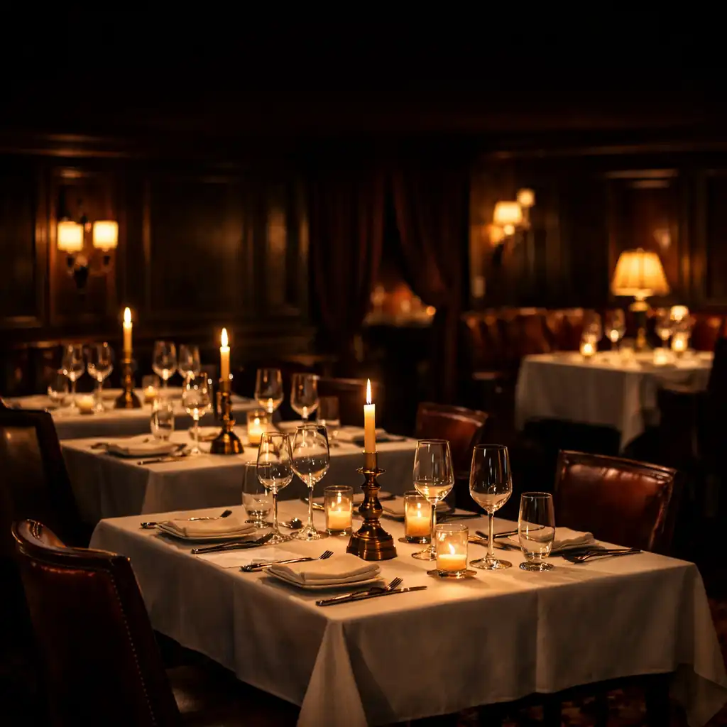 Interiér restaurace Wonderstar s tmavým dřevem, svíčkami a elegantně prostřenými stoly
