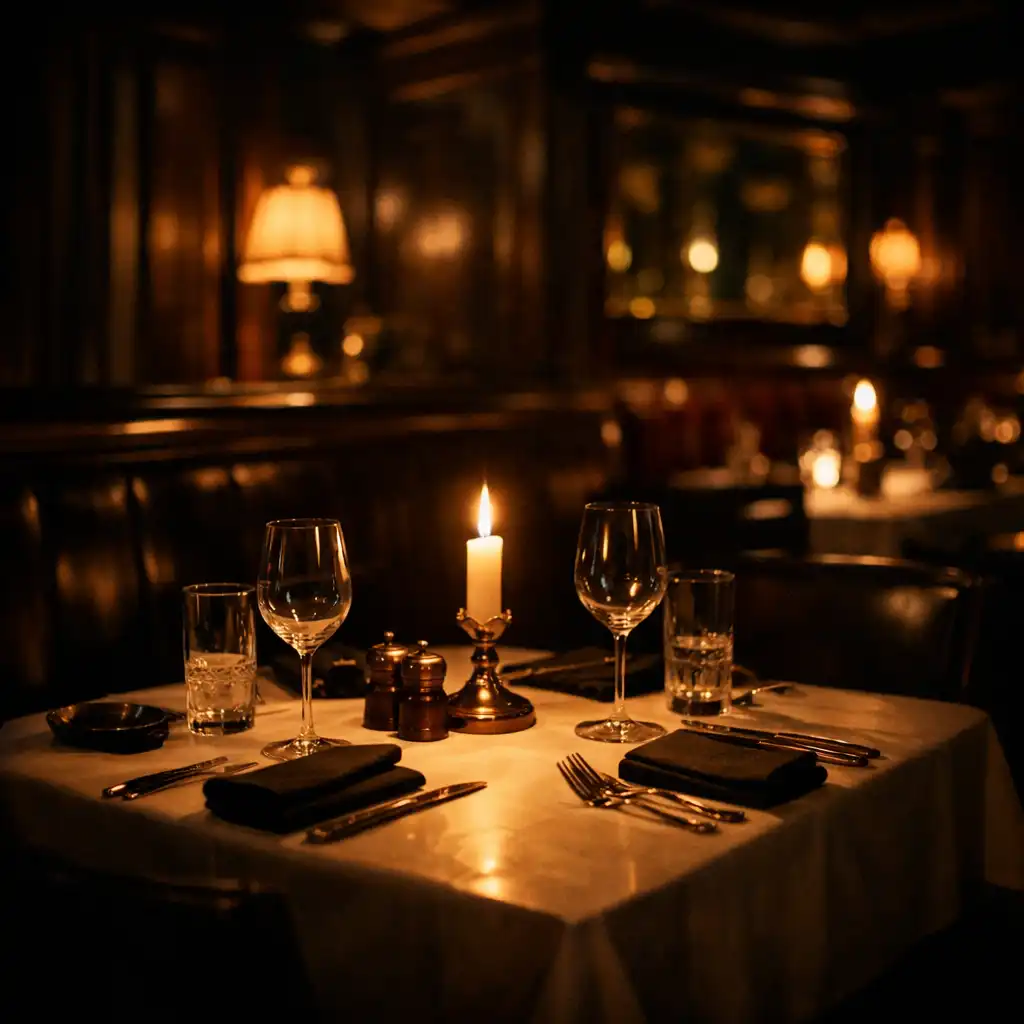 Intimní restaurace Wonderstar s osvětlením svíček, tmavým dřevem a prostřeným stolem pro dva